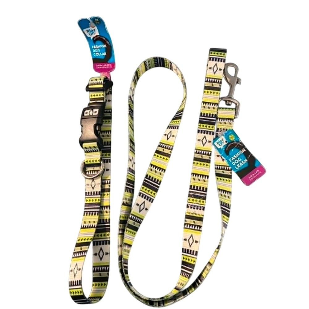Play On Dog Collar Leash Set M/L Neon Yellow Geometric NWT Southwestern 4ft Lead